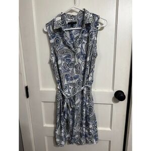 Banana Republic Blue White Paisley Floral Print Tie Waist Shirt Dress Sz 12